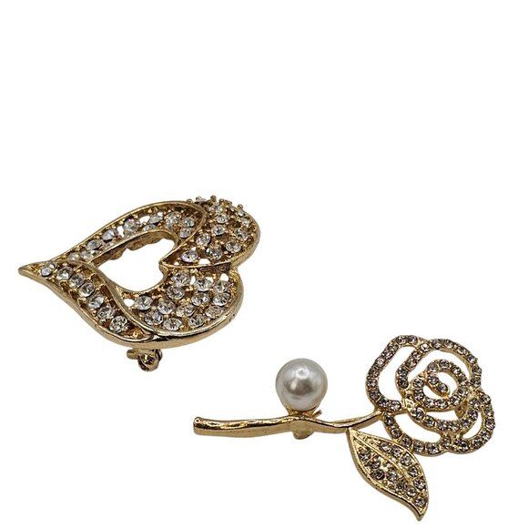 VTG Brooch Set 2PC Gold Tone Clear Rhinestone Rose Faux Pearl Heart Jewelry Pins - Picture 8 of 10